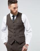 Asos Slim Vest In Brown Harris Tweed Herringbone 100% Wool - Brown