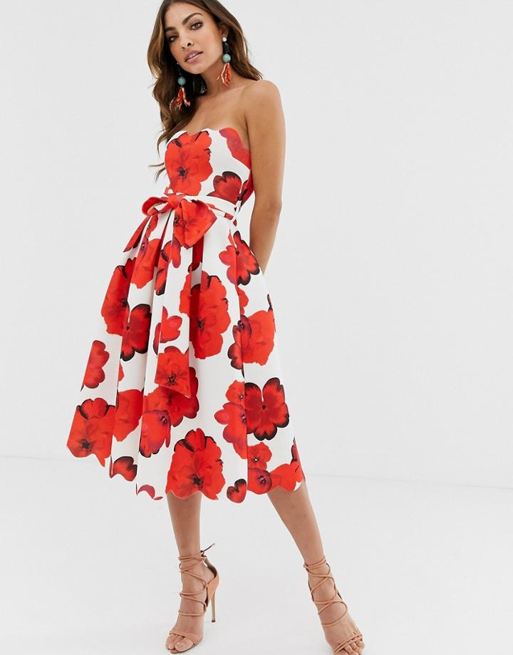 Asos Design Scallop Poppy Floral Print Midi Skater Dress-red