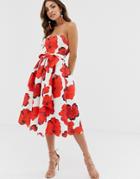 Asos Design Scallop Poppy Floral Print Midi Skater Dress-red