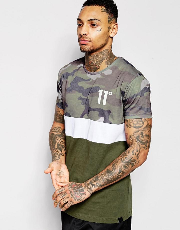 11 Degrees T-shirt With Camo Print Panel - Green