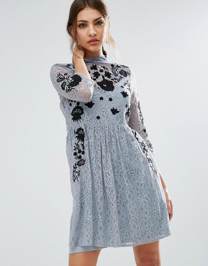 Asos Embroidered Lace Mini Skater Dress - Gray