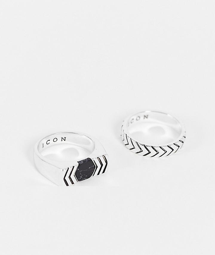 Icon Brand Black Composite 2 Pack Ring Set In Silver