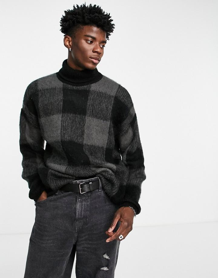 Asos Design Fluffy Knit Check Turtle Neck Sweater In Charcoal-grey