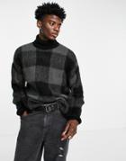Asos Design Fluffy Knit Check Turtle Neck Sweater In Charcoal-grey