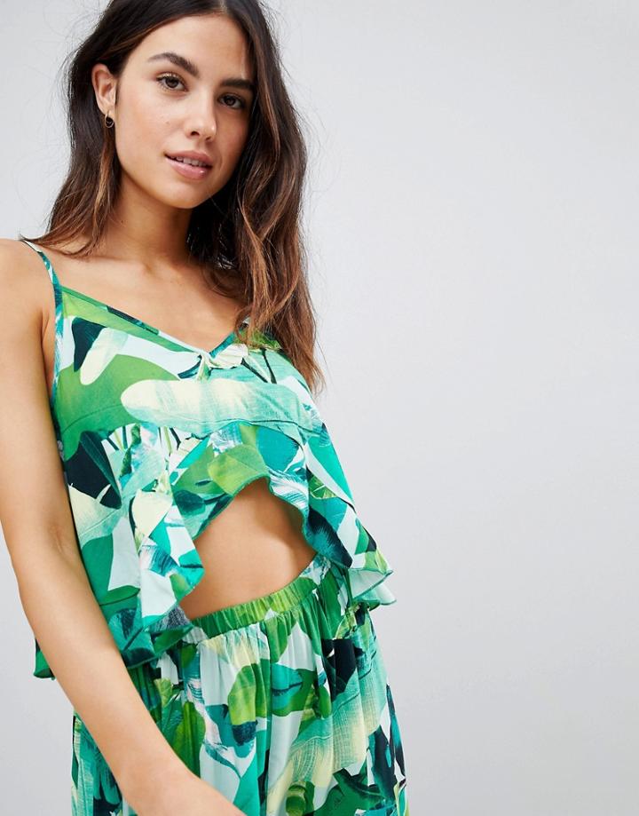 Asos Design Tropic Palm Floaty Crop Co-ord Top - Multi