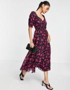 Asos Design Ruched Front Pleated Midi Dress With Shirred Waist In In Black Based Floral Print-multi