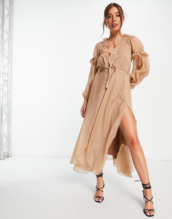 Asos Design Ruffle Detail Plunge Midi Dress With Tie Detail In Rose-pink