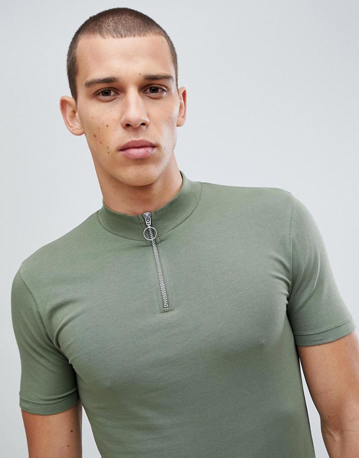 Asos Design Muscle Fit Longline Zip Neck Turtleneck T-shirt With Curved Hem In Green - Green