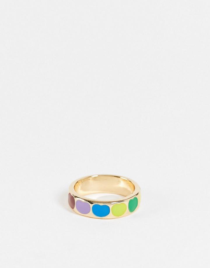 Designb London Rainbow Hearts Ring In Gold-multi