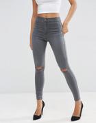 Asos Rivington Denim High Waist Jeggings In Grey With Rips - Gray