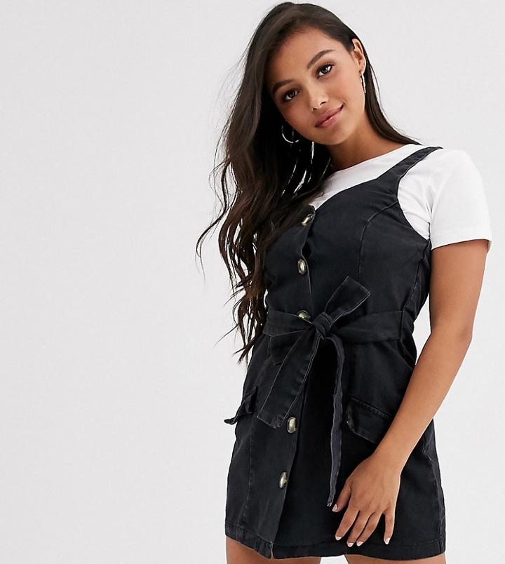 Asos Design Petite Denim Button Pinafore Mini Dress In Black