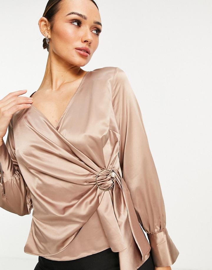 River Island Satin Wrap Blouse In Beige-neutral