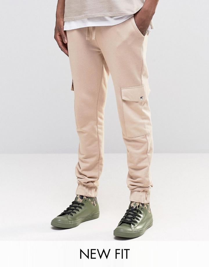 Asos Skinny Joggers With Cargo Pockets In Light Beige - White Cap Gray