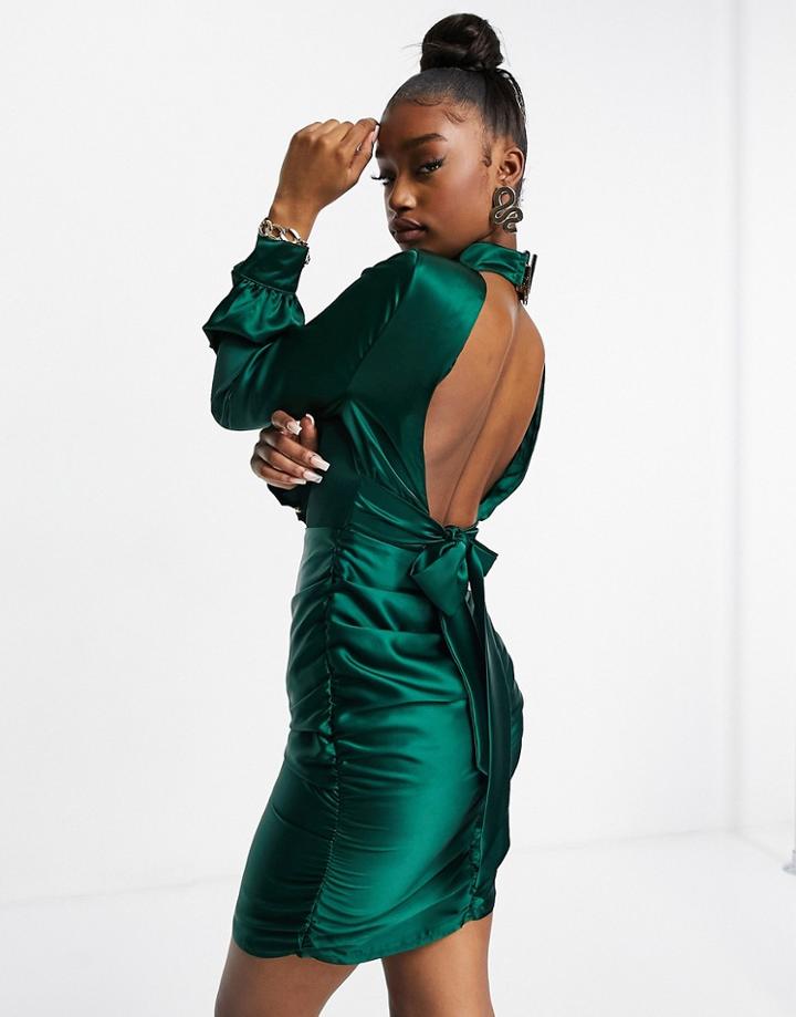 Club L Mini Satin Dress With Bow Back In Teal-green