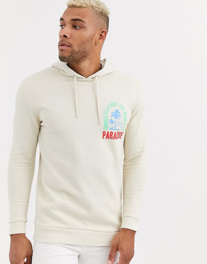 Asos Design Longline Hoodie In Beige With Paradise Print