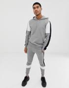 Asos Design Tracksuit Hoodie/super Skinny Sweatpants With Color Blocking And Side Stripe In Gray Marl