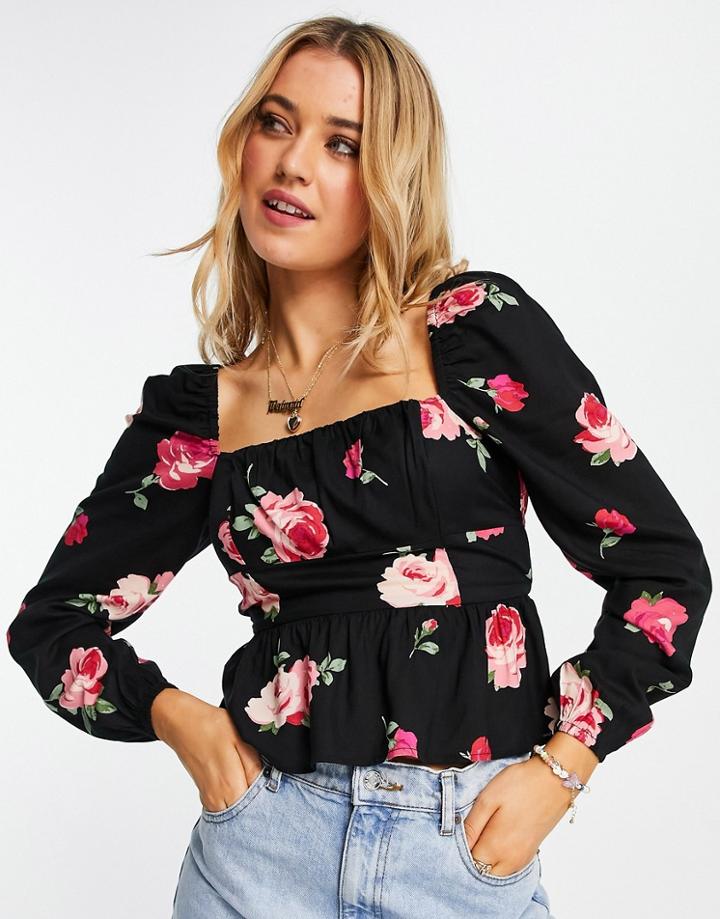 Miss Selfridge Seam Detail Blouse In Rose Print-black