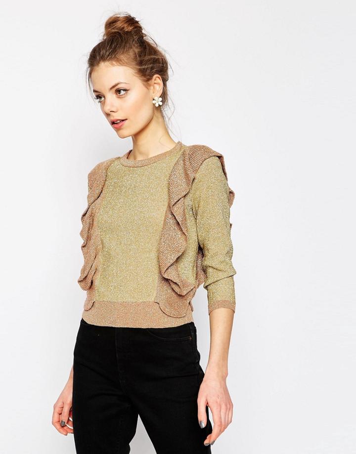 Asos Metallic Sweater With Ruffle Detail - Gold