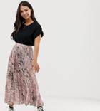 New Look Petite Satin Pleated Midi Skirt In Pink Animal Print - Pink