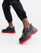 Asos Design Lace Up Shoes In Black Faux Suede With Chunky Cleated Red Sole