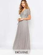 Maya V Neck Tulle Maxi Dress With Tonal Delicate Sequins - Gray