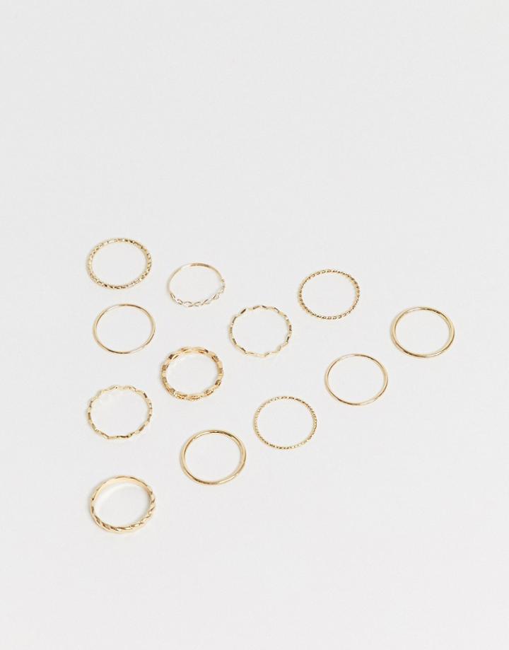Asos Design Curve Pack Of 12 Rings In Mixed Texture And Twist Designs In Gold Tone - Gold