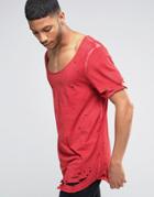 Asos Super Longline T-shirt With Heavy Distressing And Slashing In Red - Red