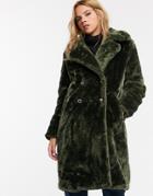 Qed London Faux Fur Midi Coat With Double Button Detail-green
