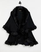 Jayley Double Layer Faux Fur Trim Cape In Black