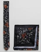 Asos Dark Floral Tie And Pocket Square In Black - Black