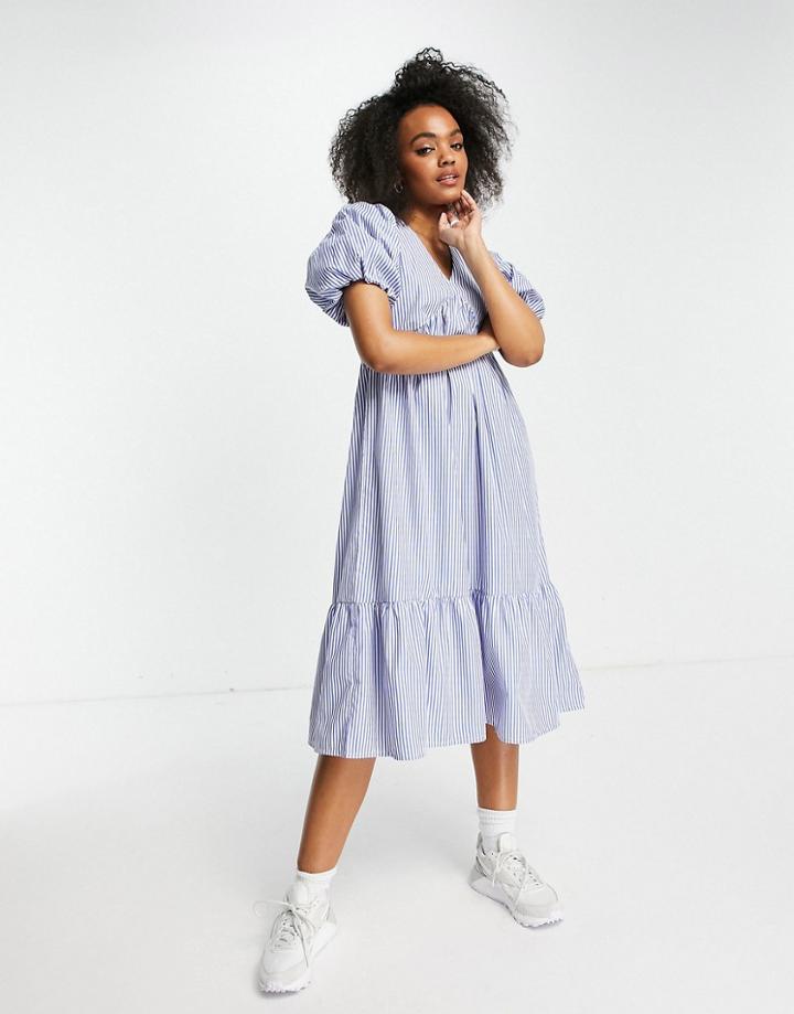Influence Tie Neck Puff Sleeve Midi Dress In Stripe-blues