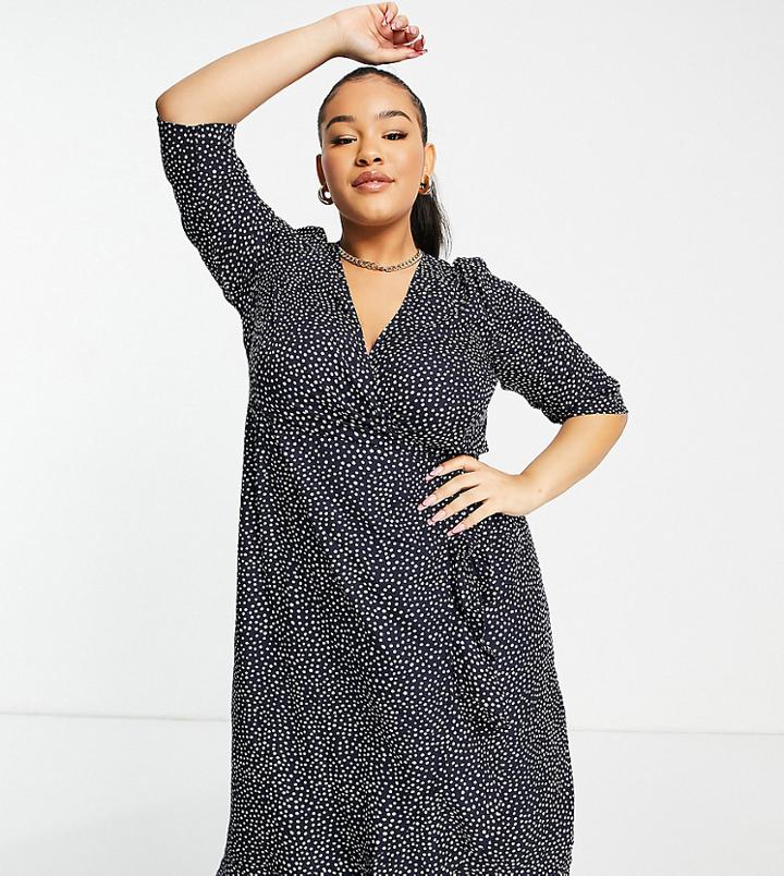 Vero Moda Curve Wrap Midi Dress In Navy Spot-multi