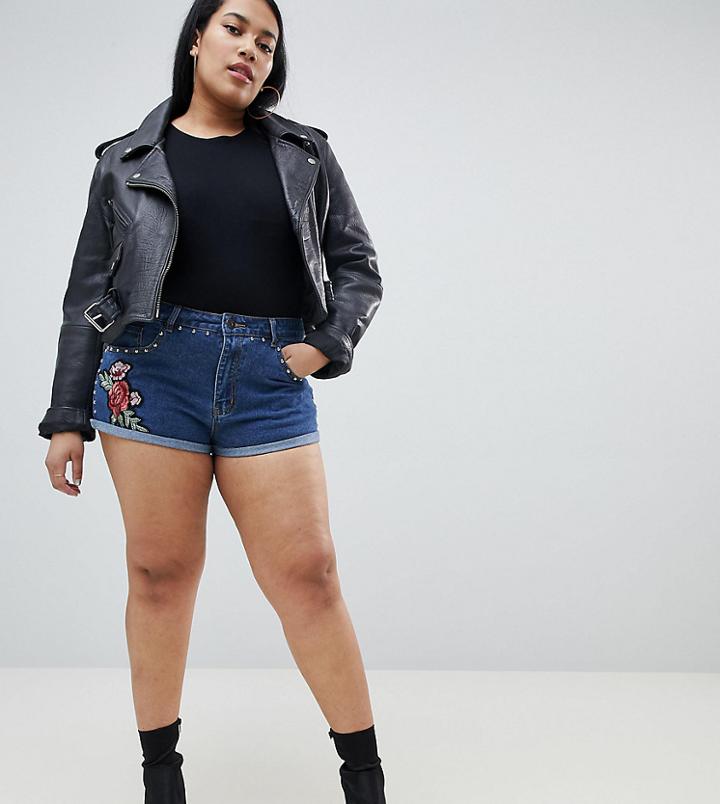 Liquor N Poker Plus High Rise Denim Short With Studs And Rose Embroidery - Blue