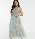 Maya Petite Bridesmaid Sleeveless Midaxi Tulle Dress With Tonal Delicate Sequin Overlay In Sage Green