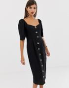 Asos Design Linen Button Through Midi Dress With Sweetheart Neckline - Black