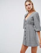 Boohoo Plunge Button Through Dress In Gray Check - Multi