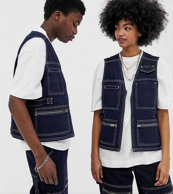 Collusion X Everyone Together Unisex Denim Utility Vest In Indigo - Blue