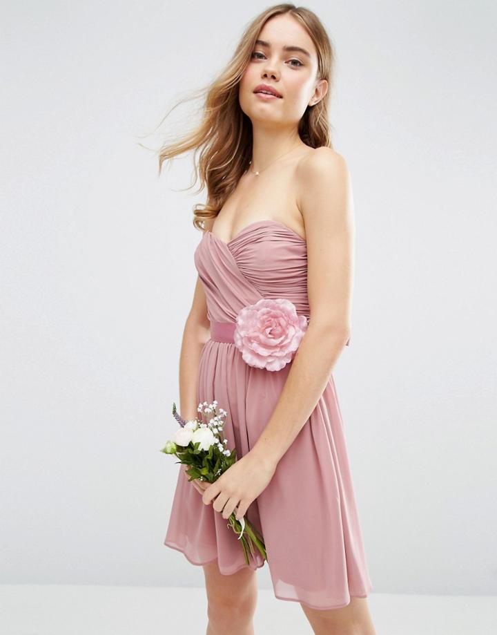 Asos Wedding Chiffon Bandeau Mini Dress With Detachable Corsage - Pink