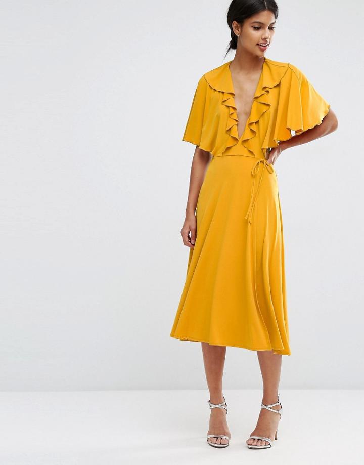 Asos Cape Open Back Plunge Midi Skater Dress - Mustard