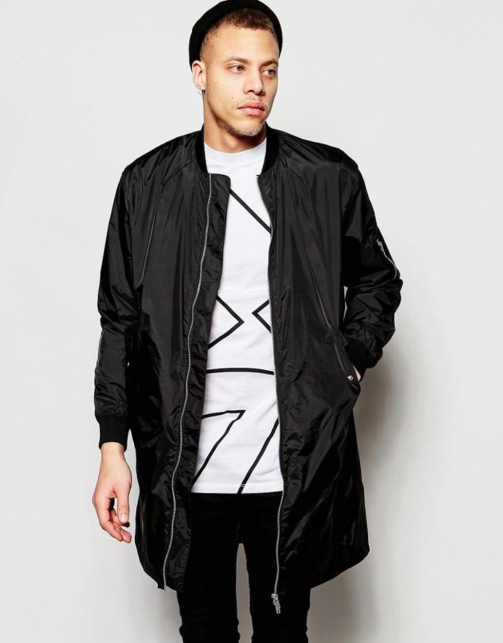 Weekday Lomber Coat Longline Nylon Bomber In Black - Black