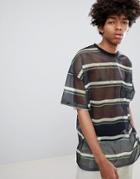Asos Design Oversized Bright Stripe T-shirt In Mesh - Black