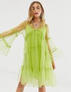 Sacred Hawk Sheer Oversized Midi Dress With Button Front - Green