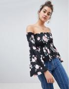 Daisy Street Bardot Crop Top With Volume Sleeves - Multi