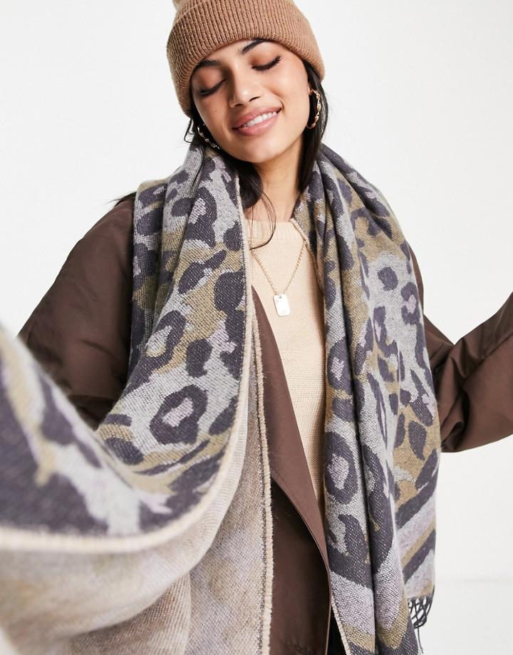 Boardmans Leopard Print Tassel Trim Scarf In Light Gray