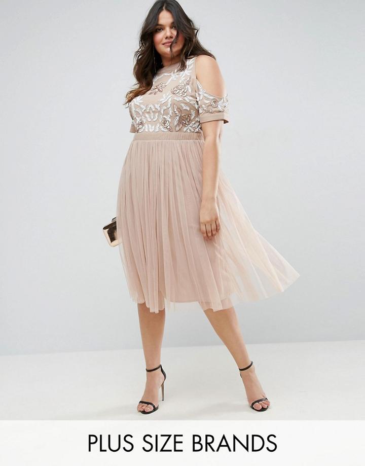 Lovedrobe Luxe Embellished Cold Shoulder Skater Dress With Tulle Skirt - Pink