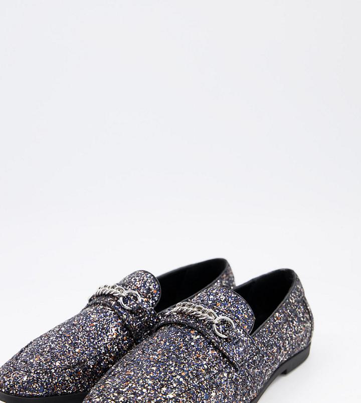 Asos Design Wide Fit Loafers In Black Glitter With Snaffle Detail-silver