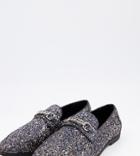 Asos Design Wide Fit Loafers In Black Glitter With Snaffle Detail-silver