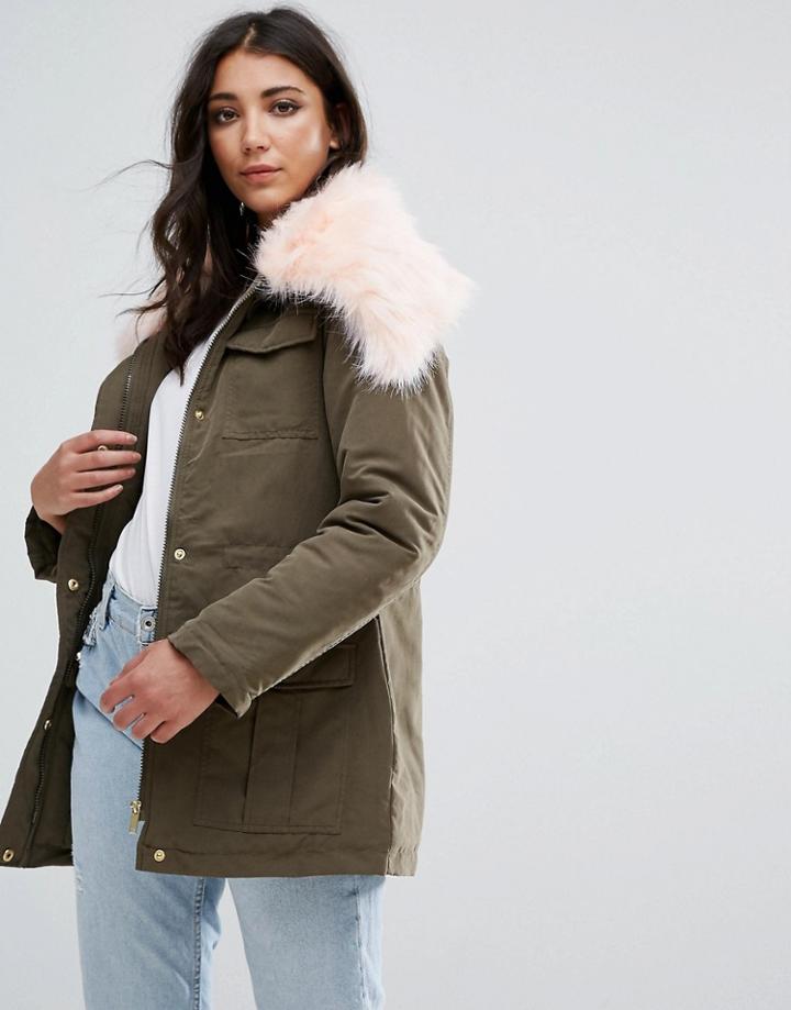 Missguided Khaki Fur Collar Parka Coat - Green