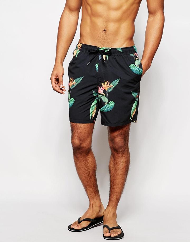 Asos Mid Length Swim Shorts With Tropical Floral Print - Black