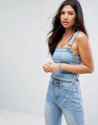 Liquor & Poker Denim Crop Top With Lace Up Detail - Blue